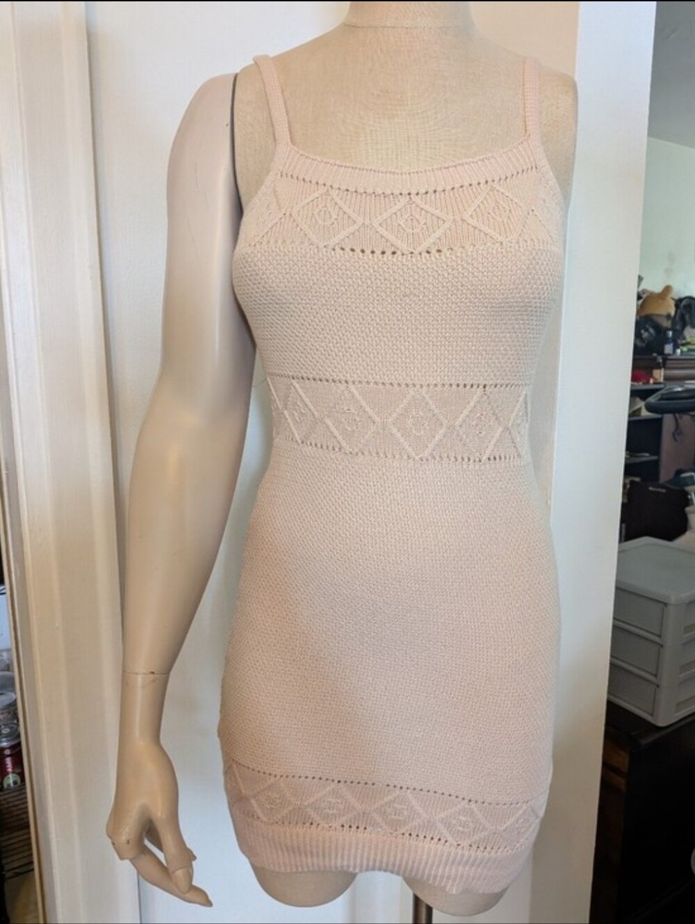 Hello Molly Cream Cable Knit Spaghetti Strap Dress with Textured Detail